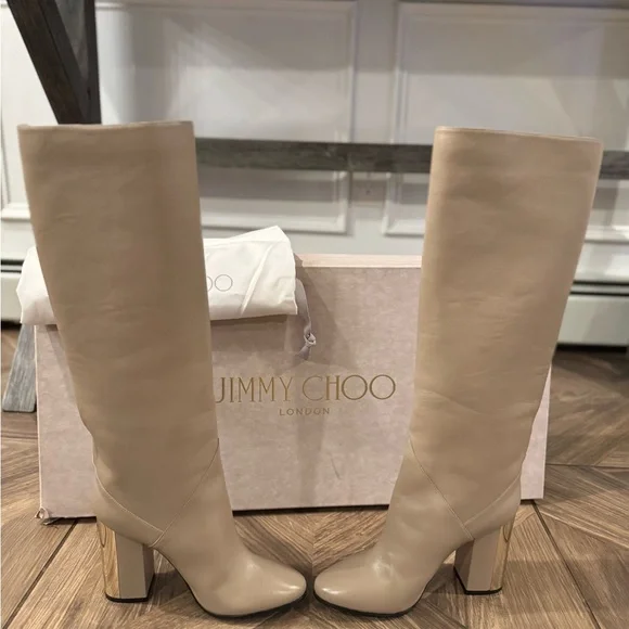 Jimmy Choo Rydea Cream Heeled Boots with Gold Accents - Picture 4 of 10